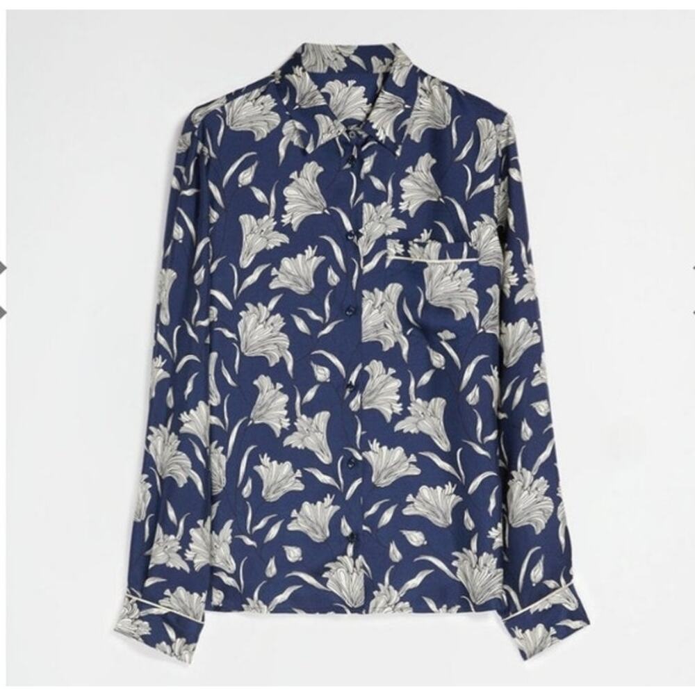 MAX MARA WEEKEND RODESIA BLUE FLOREAL SILK SHIRT, SIZE 12